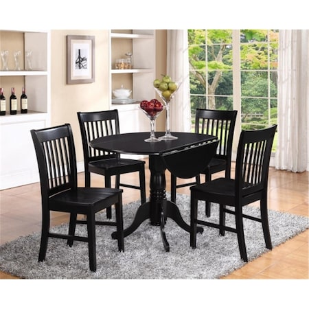 East West Furniture 3PC Kitchen Round Table with 2 Drop Leaves and 2 slatted -back Chairs with wood Seat DLNO3-BLK-W